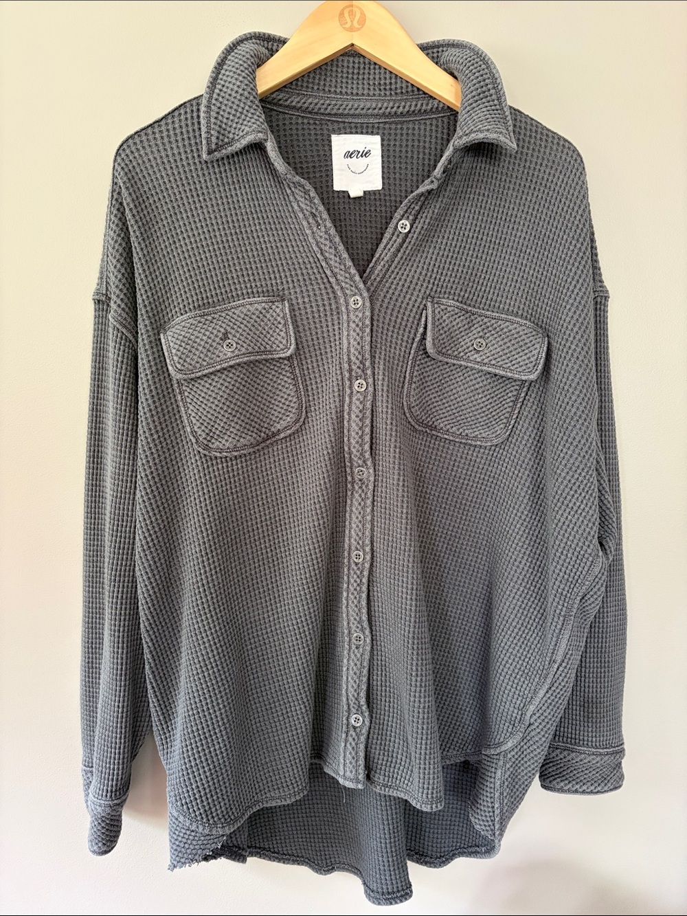 Aerie Waffle Knit Lumberjack Shirt Jacket Small Oversized Charcoal Gray Grey‎